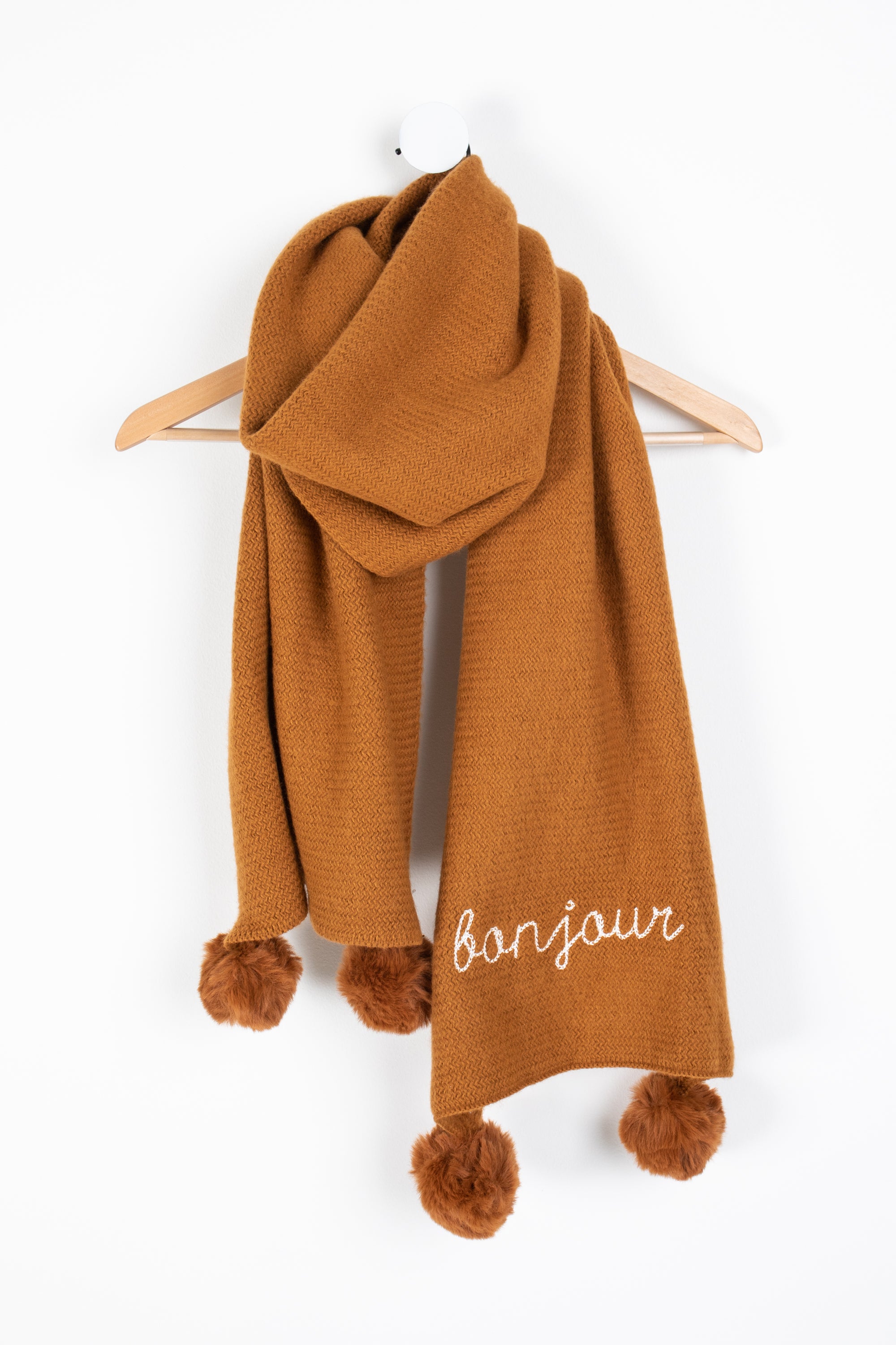 Embroidered French Pompom Scarf