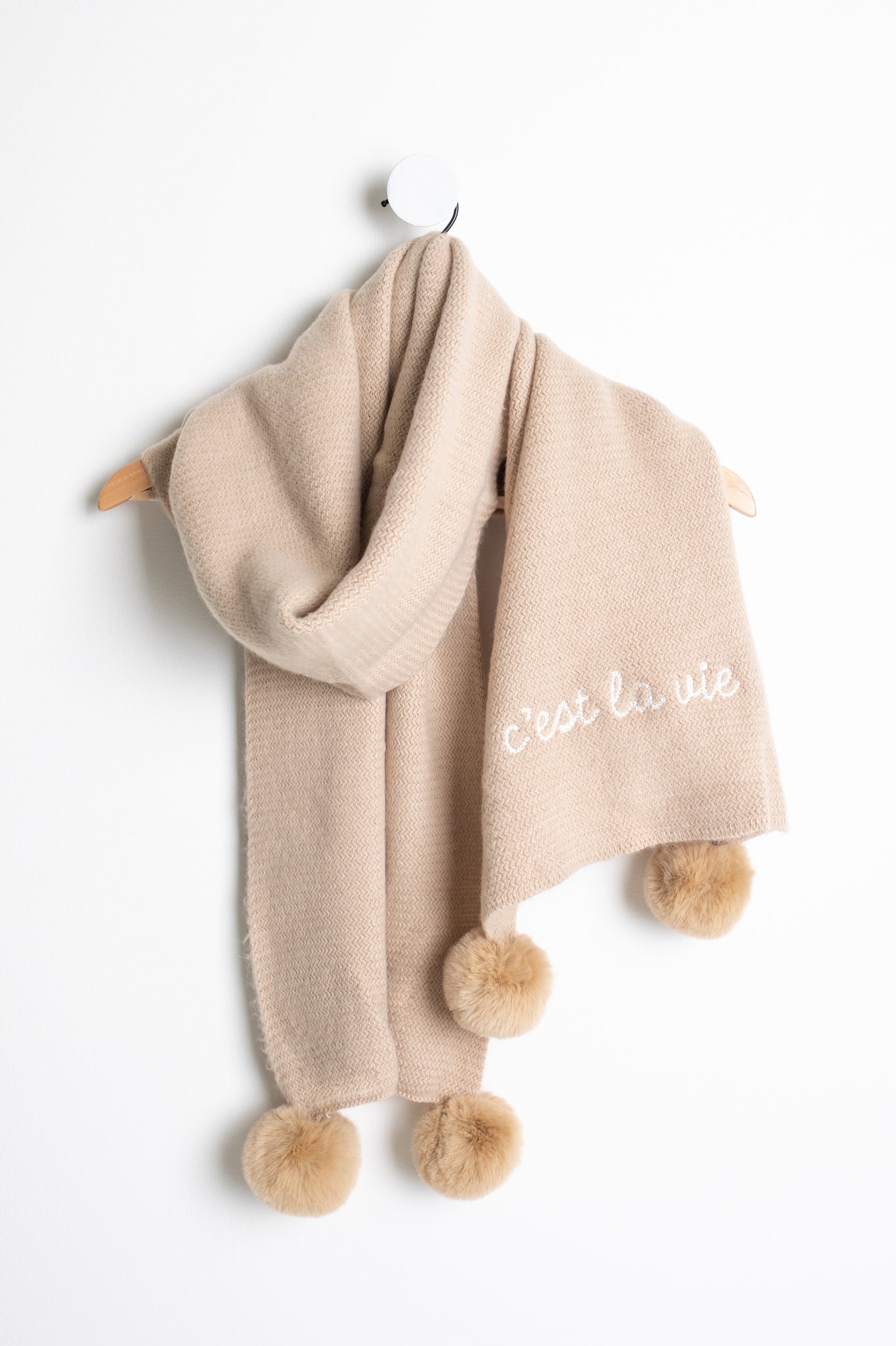 Embroidered French Pompom Scarf