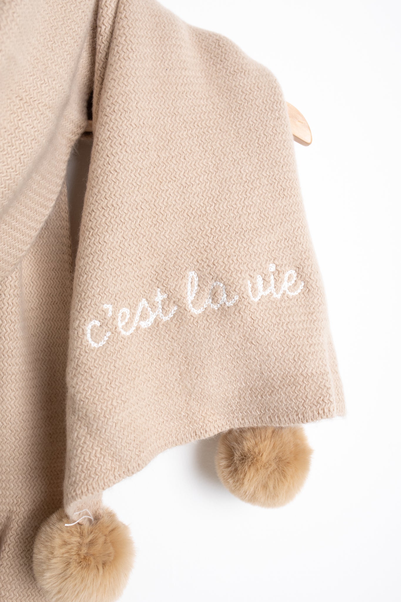 Embroidered French Pompom Scarf